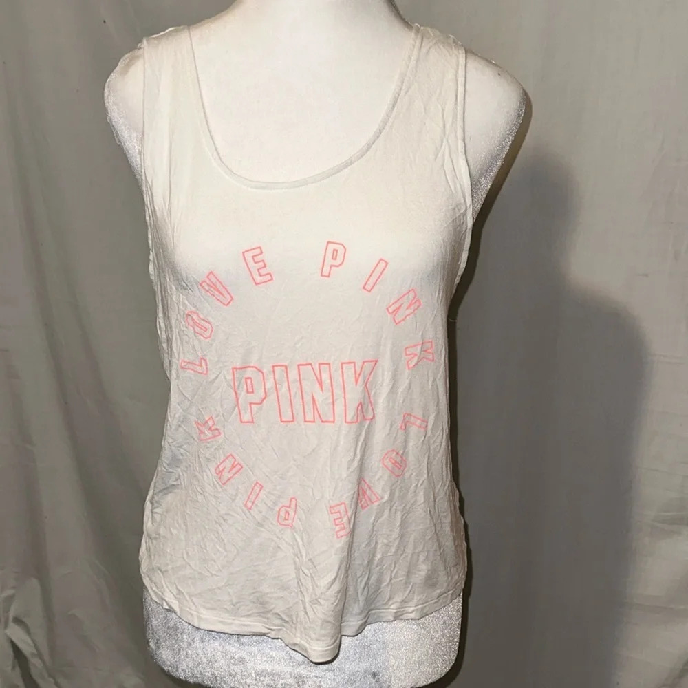 white & neon pink Victoria's Secret PINK super soft tank top with strappy back